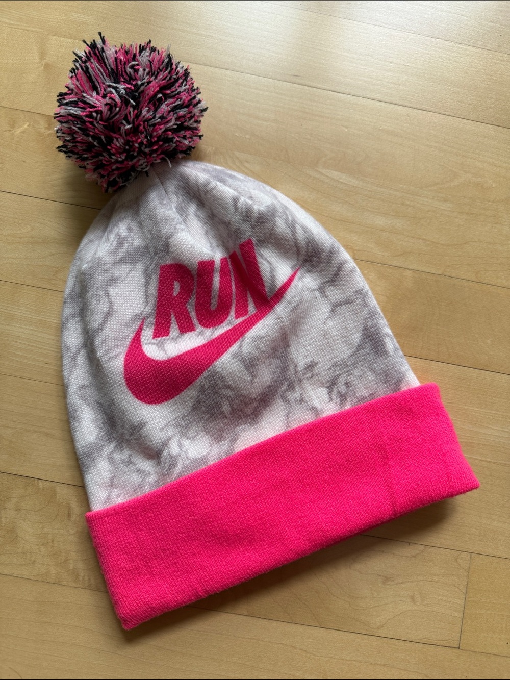 Nike Pink & Gray Tie-Dye 'RUN' Pom Beanie